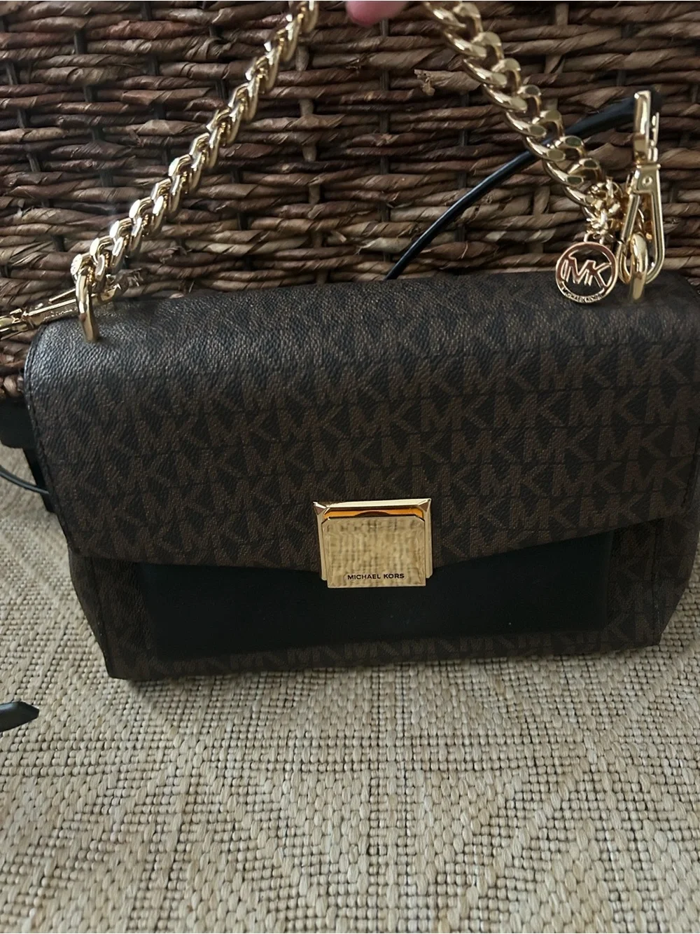 Michael Kors Lita Brown and Black Logo Crossbody with handle Gold Chain